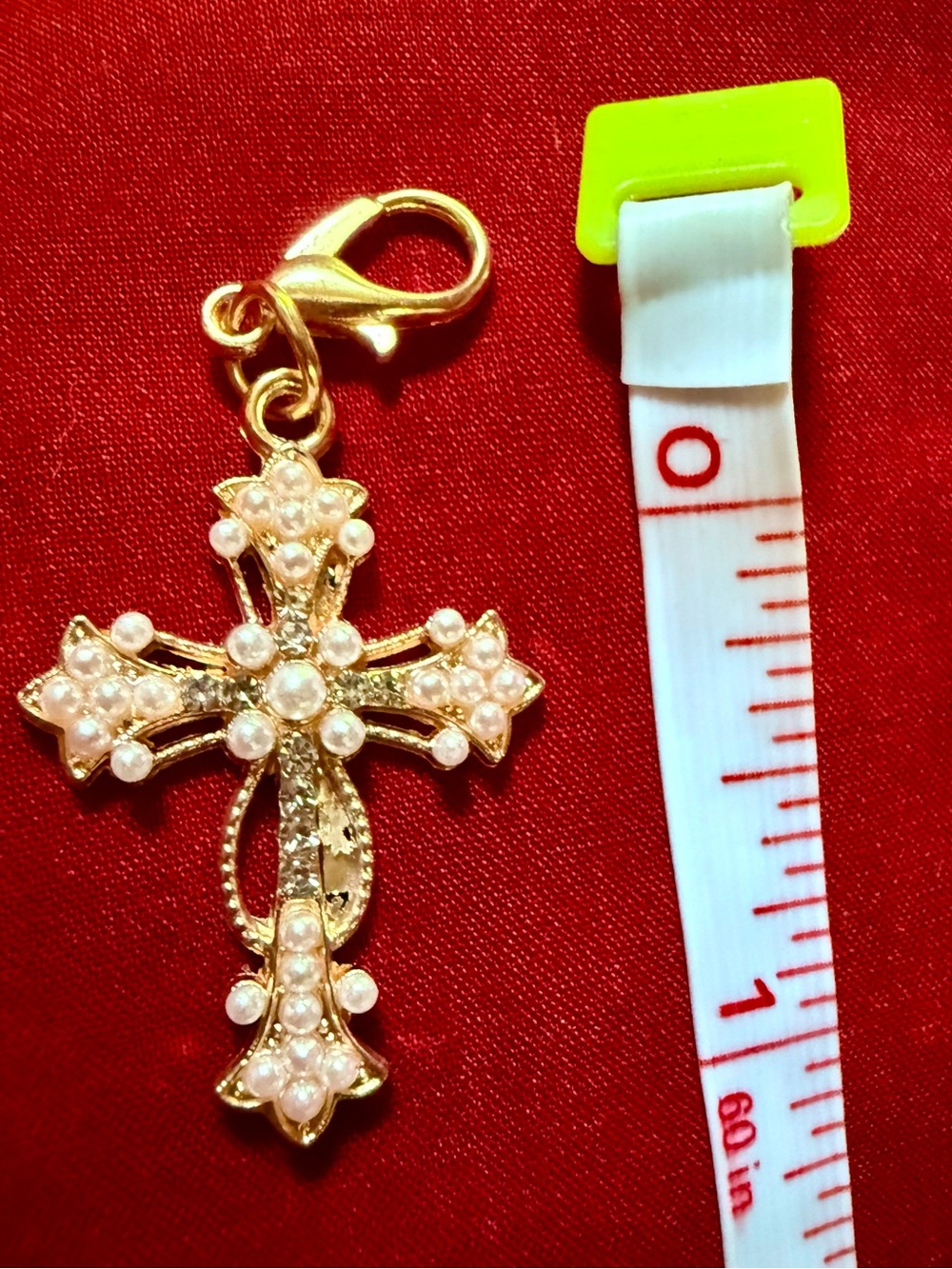Champagne Gold Crystals & Pearls Cross Pendant Charm Zipper Pull Dog Collar Clip - Picture 4 of 5
